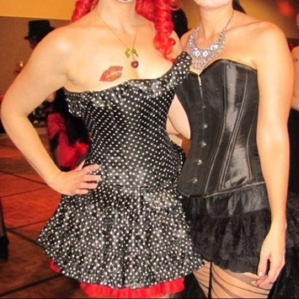 Polka dot steel boned corset and matching skirt.